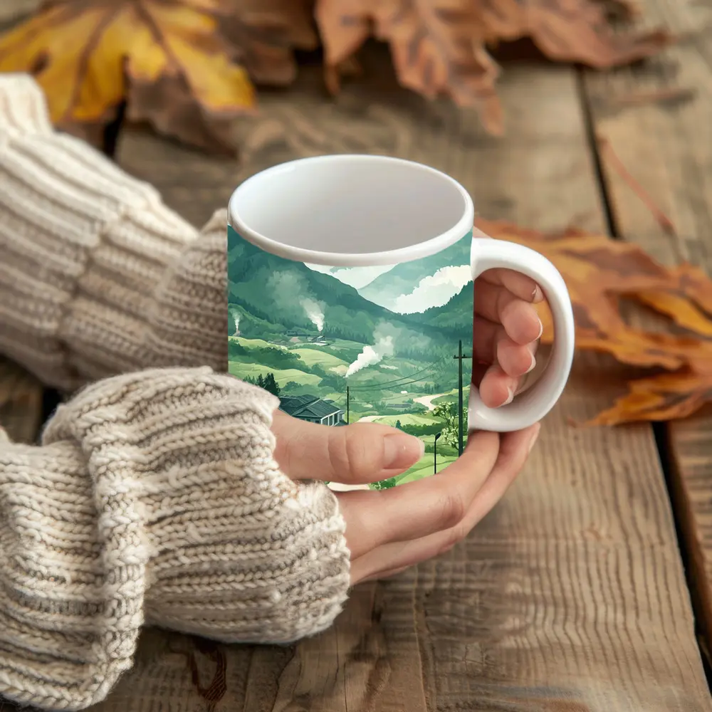 Green Village Road Walking Illustration Art – Mugs