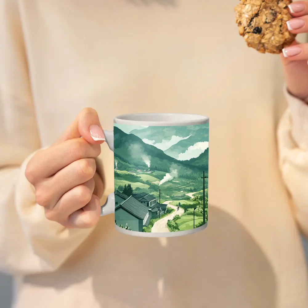 Green Village Road Walking Illustration Art – Mugs
