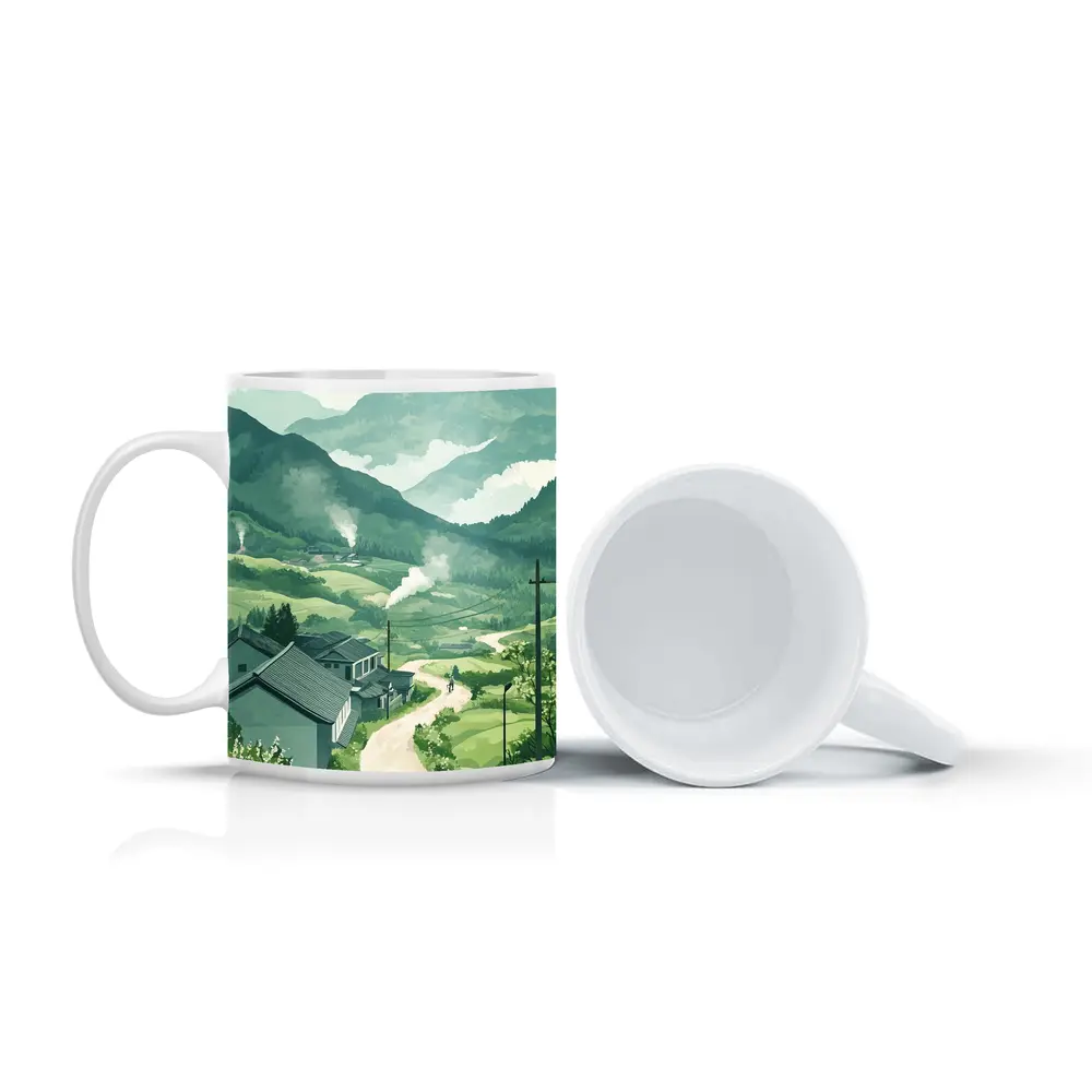 Green Village Road Walking Illustration Art – Mugs