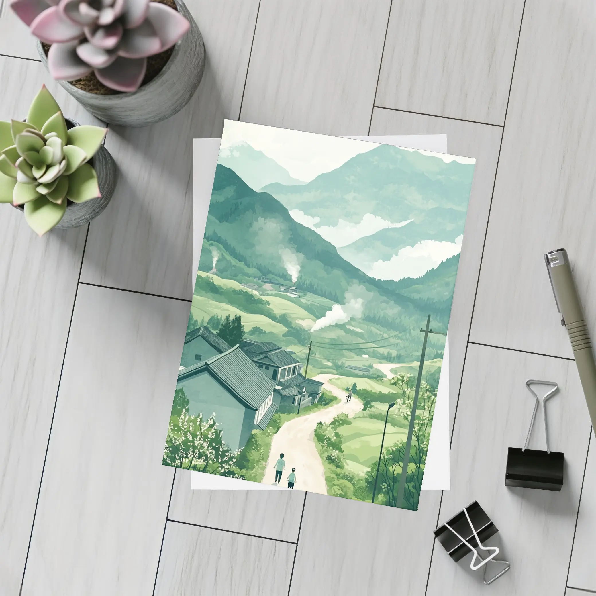Green Village Road Walking Illustration Art – Postcards