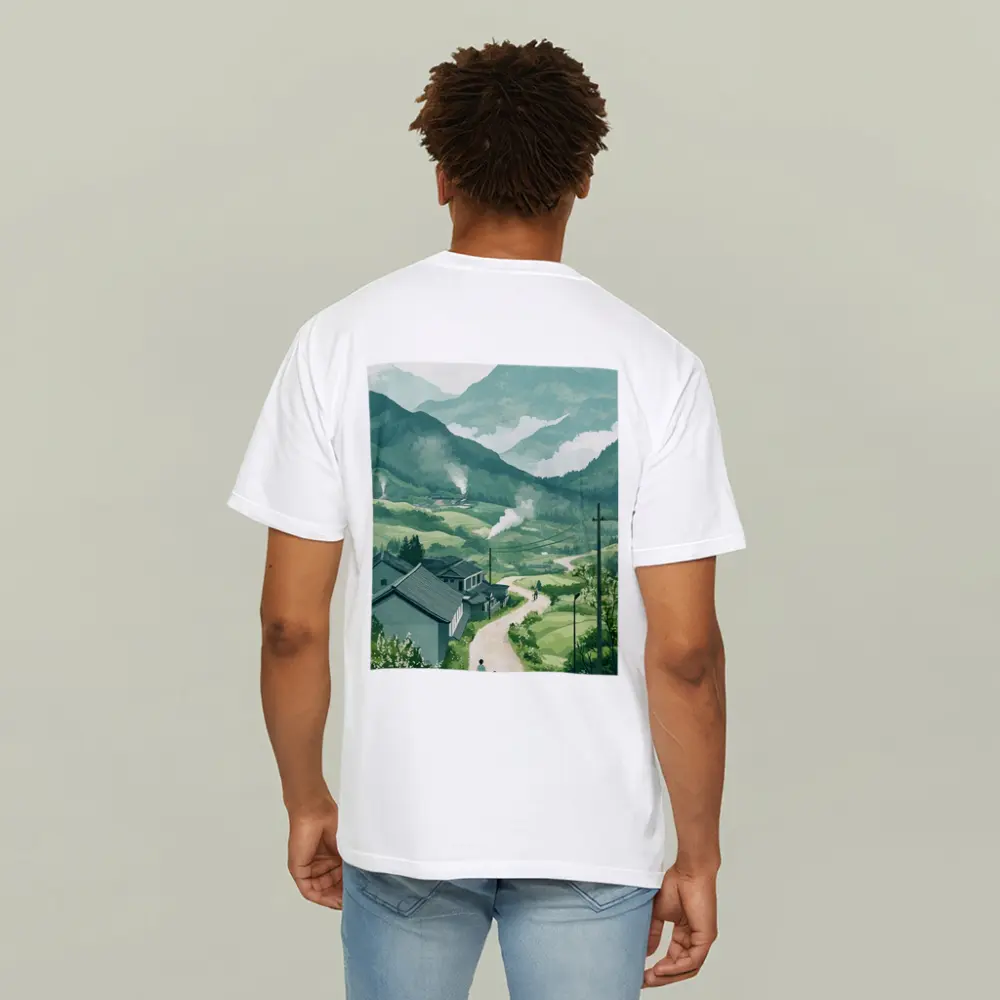 Green Village Road Walking Illustration Art – T-Shirts