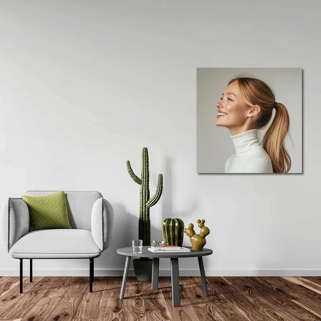 Smiling Woman White Turtleneck Gray Background – Wall Art