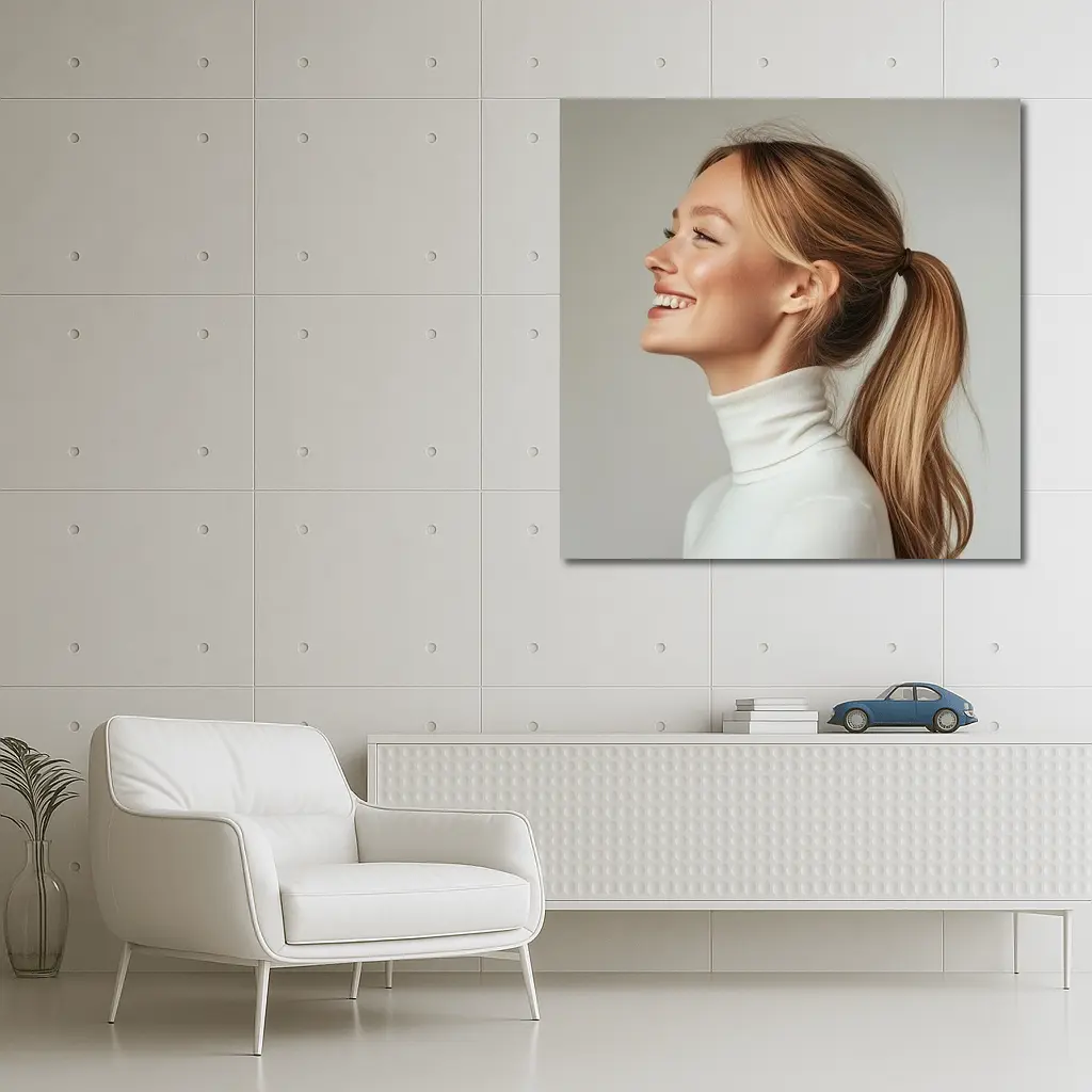 Smiling Woman White Turtleneck Gray Background – Wall Art