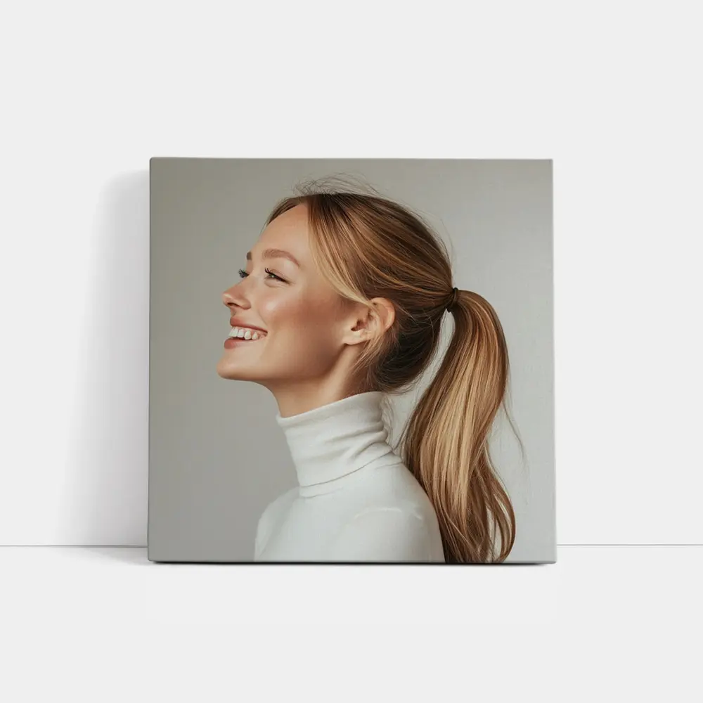 Smiling Woman White Turtleneck Gray Background – Wall Art