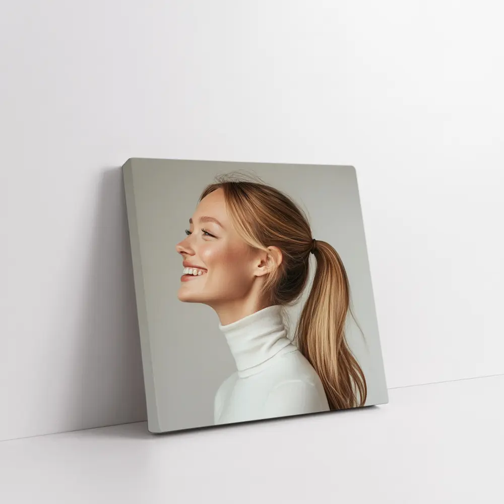 Smiling Woman White Turtleneck Gray Background – Wall Art