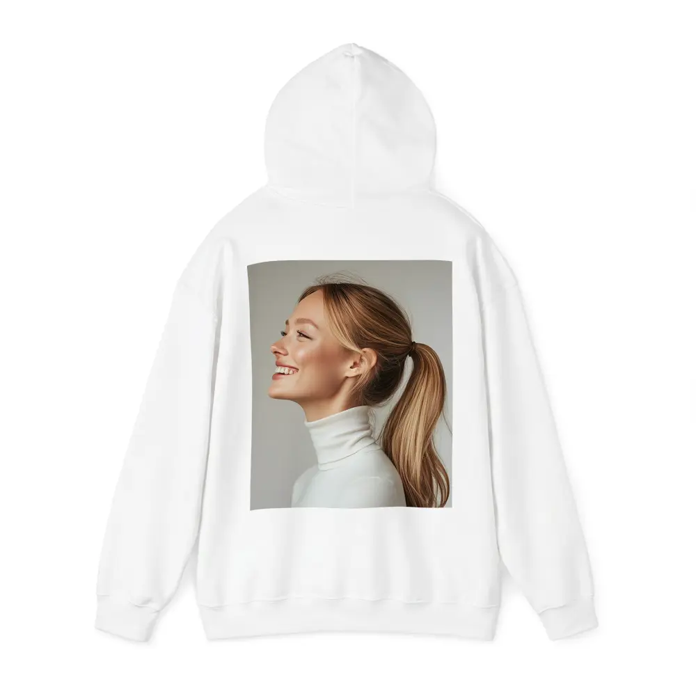 Smiling Woman White Turtleneck Gray Background – Hoodies