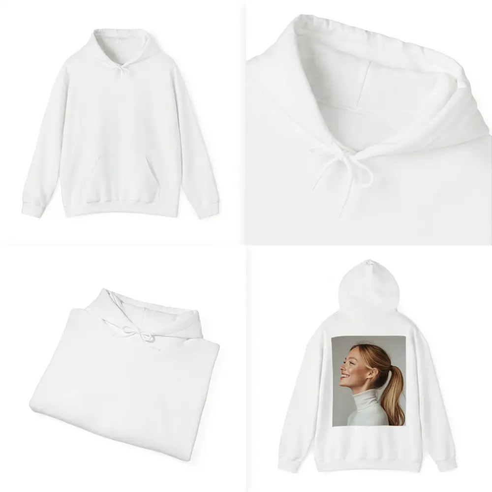 Smiling Woman White Turtleneck Gray Background – Hoodies