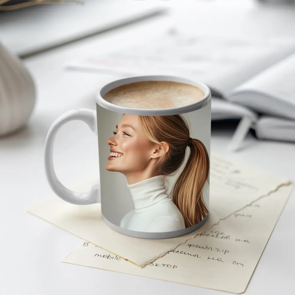 Smiling Woman White Turtleneck Gray Background – Mugs