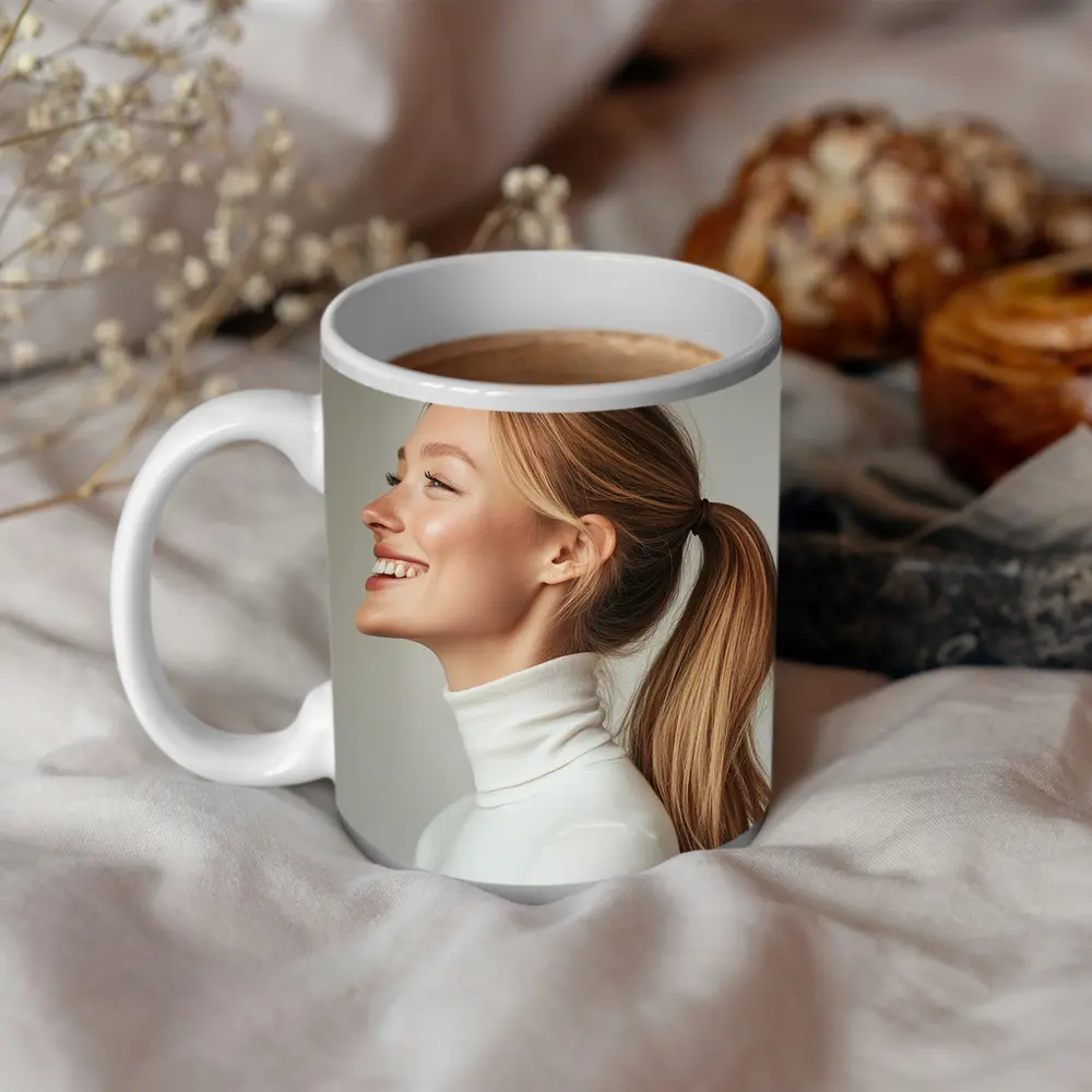Smiling Woman White Turtleneck Gray Background – Mugs