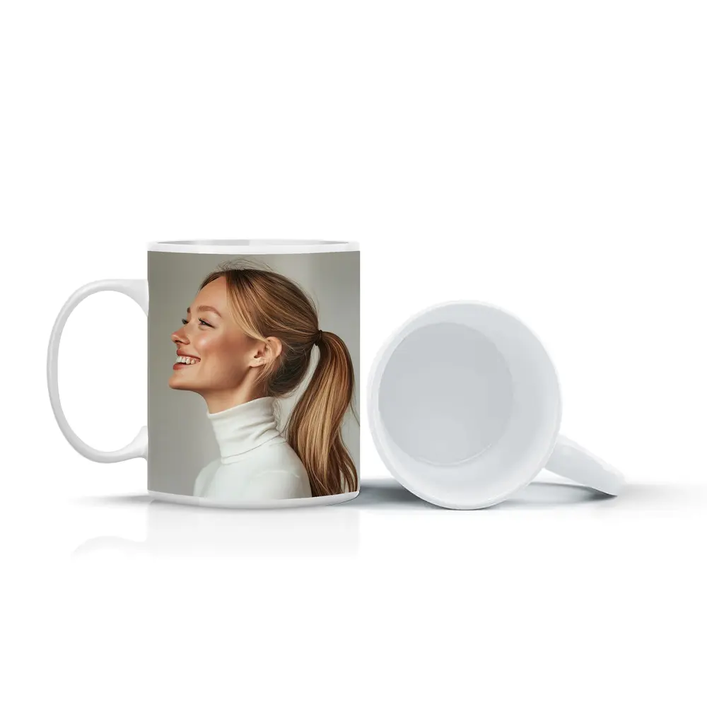Smiling Woman White Turtleneck Gray Background – Mugs