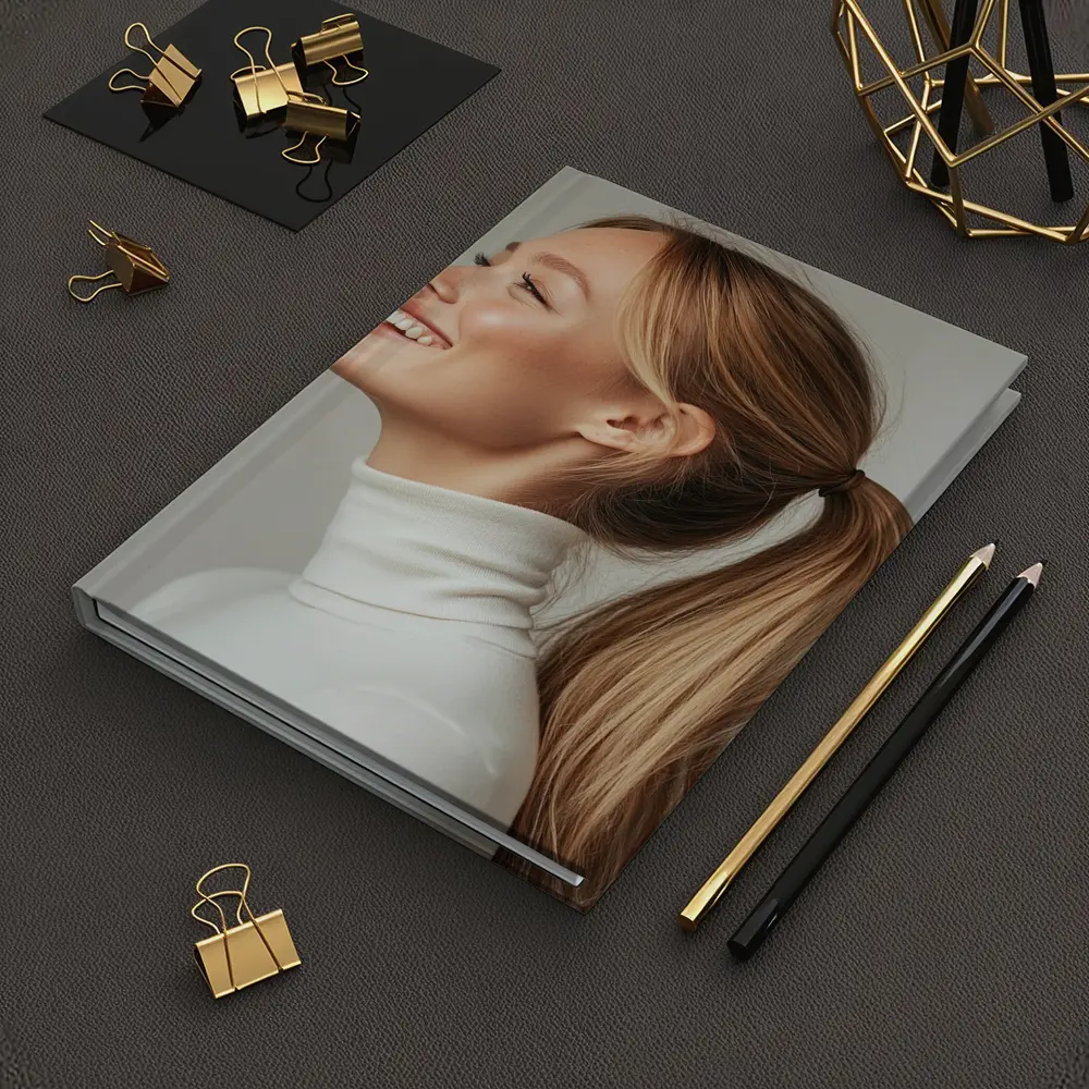 Smiling Woman White Turtleneck Gray Background – Notebooks