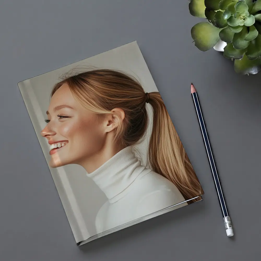 Smiling Woman White Turtleneck Gray Background – Notebooks