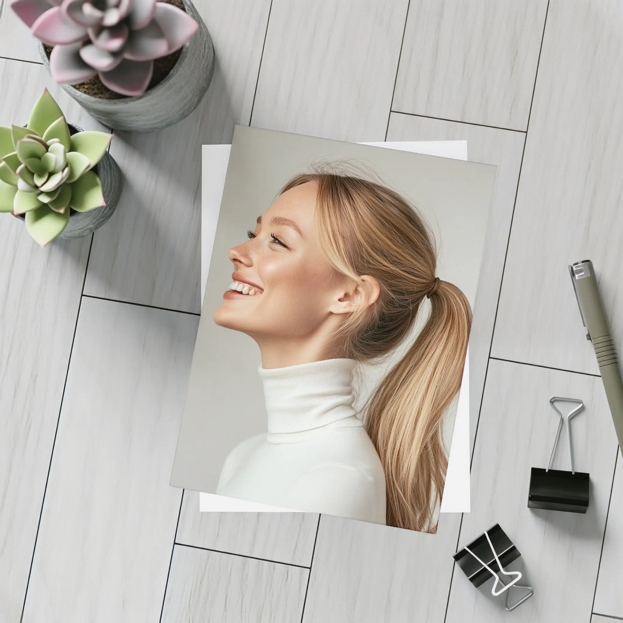 Smiling Woman White Turtleneck Gray Background – Postcards