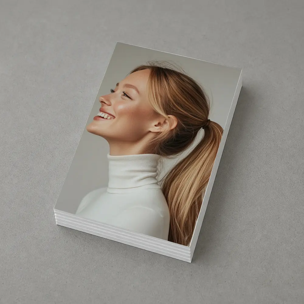 Smiling Woman White Turtleneck Gray Background – Postcards