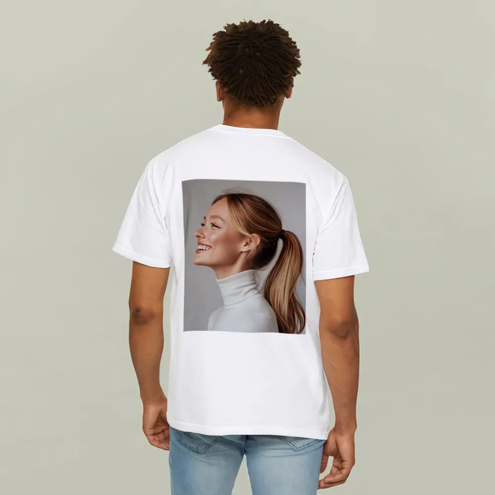 Smiling Woman White Turtleneck Gray Background – T-Shirts