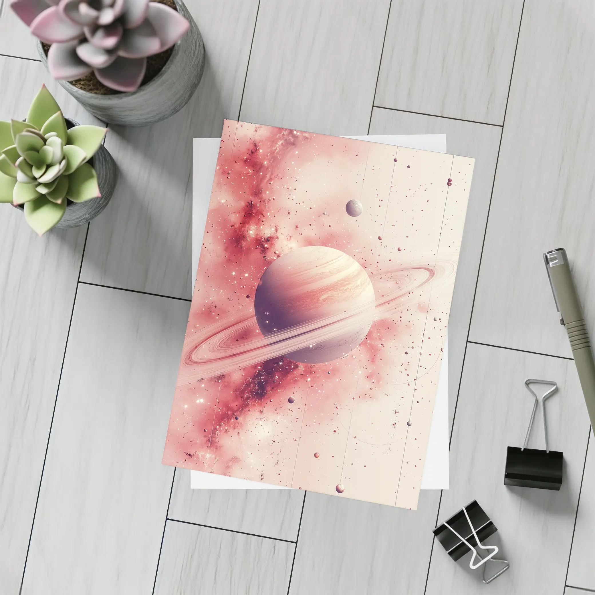 Saturn Rings Pink Galaxy Space Art – Postcards