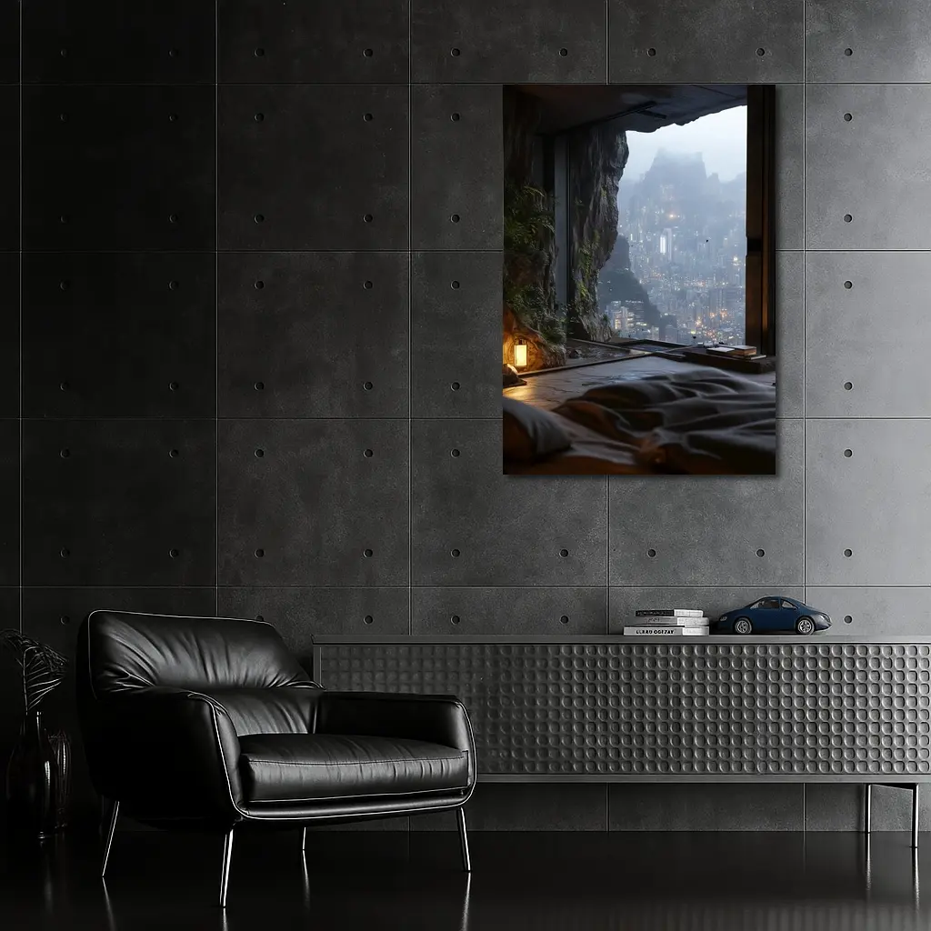 Cave Bedroom Overlooking Misty Futuristic City – Wall Art
