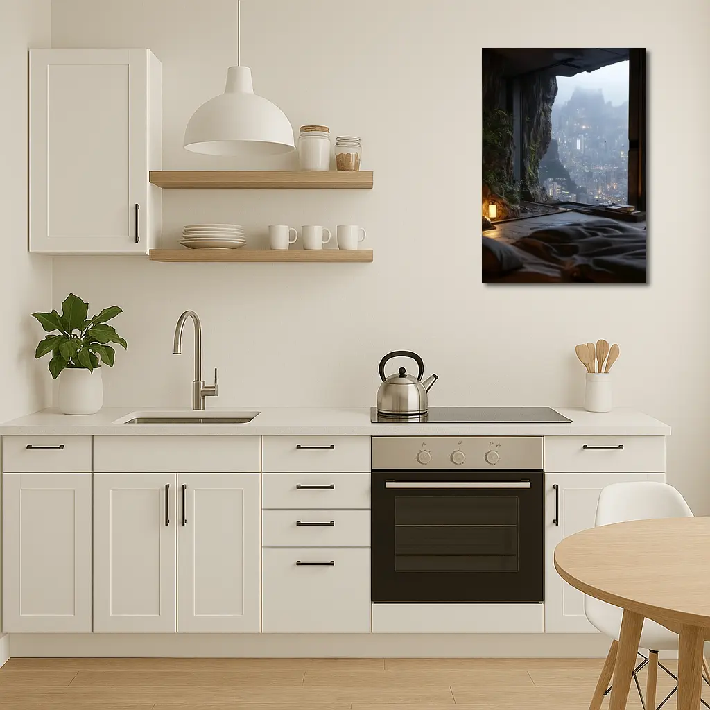 Cave Bedroom Overlooking Misty Futuristic City – Wall Art