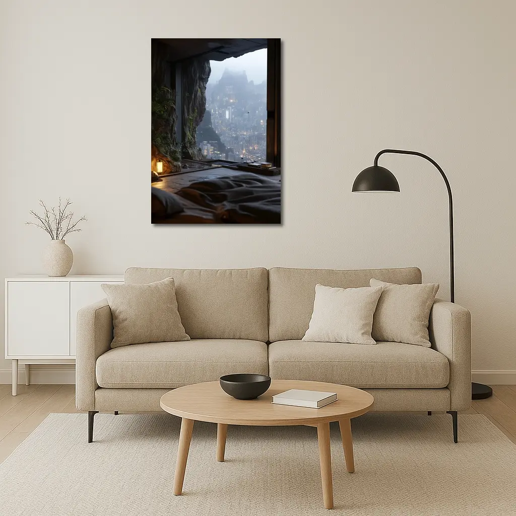 Cave Bedroom Overlooking Misty Futuristic City – Wall Art