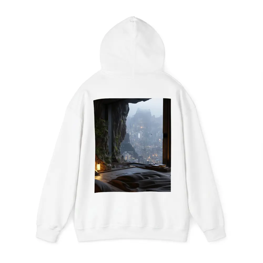 Cave Bedroom Overlooking Misty Futuristic City – Hoodies
