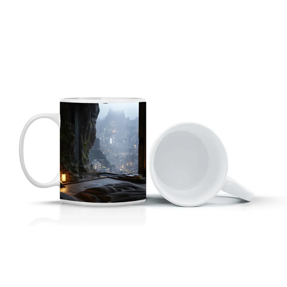 Cave Bedroom Overlooking Misty Futuristic City – Mugs