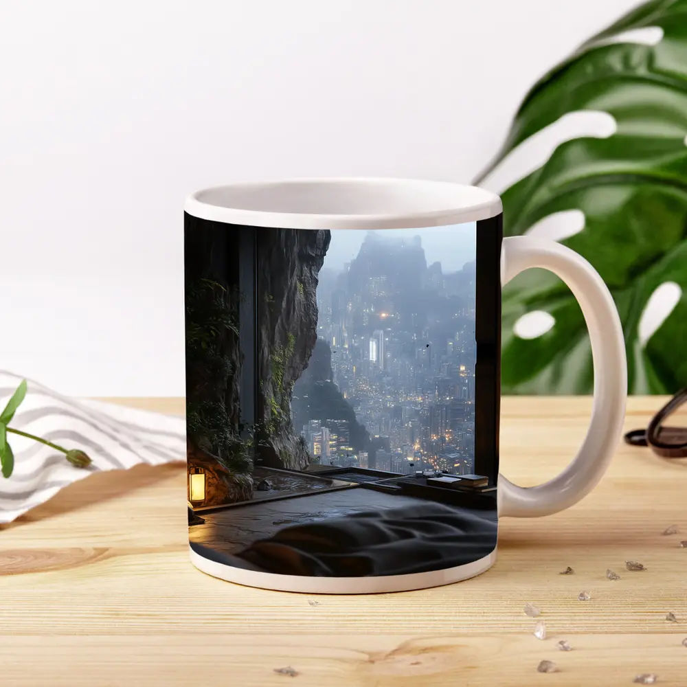 Cave Bedroom Overlooking Misty Futuristic City – Mugs