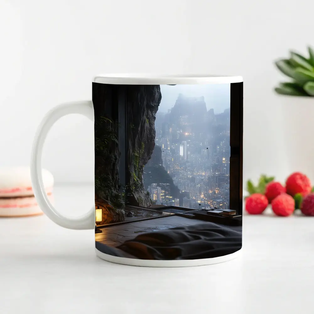 Cave Bedroom Overlooking Misty Futuristic City – Mugs