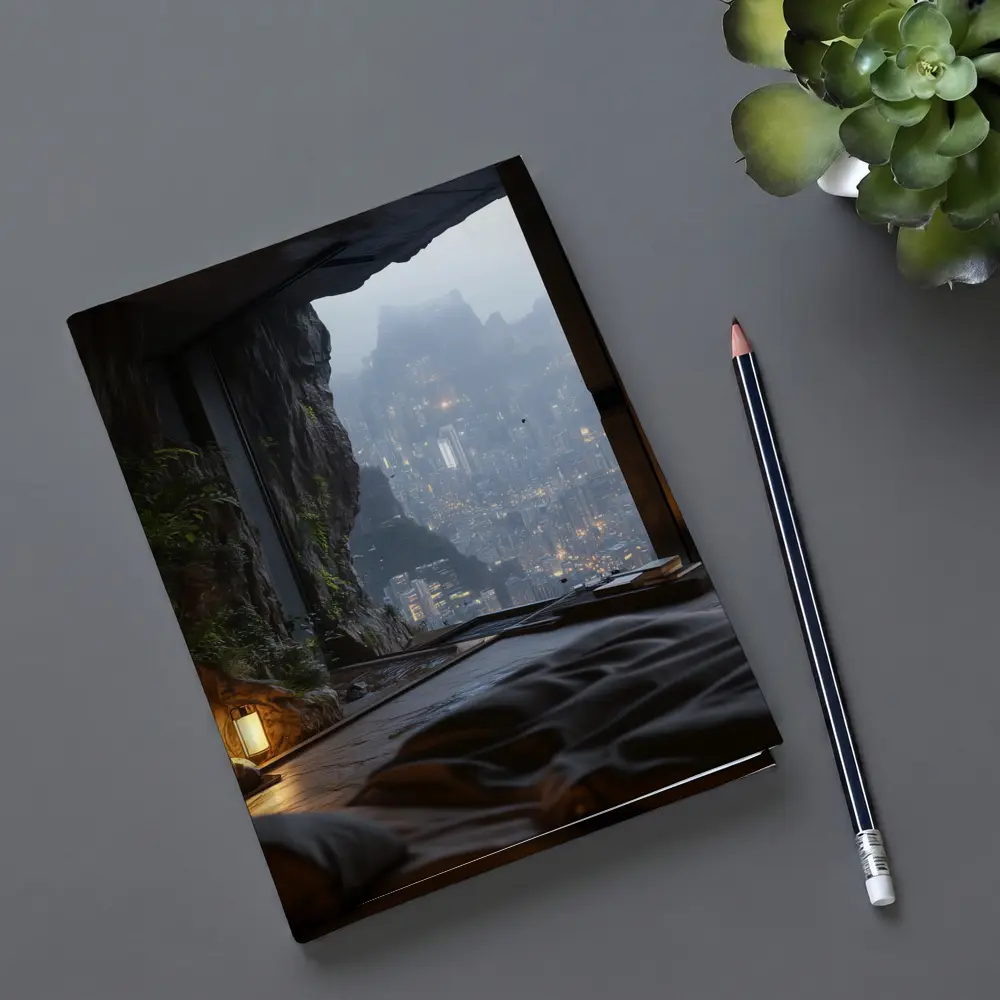 Cave Bedroom Overlooking Misty Futuristic City – Notebooks