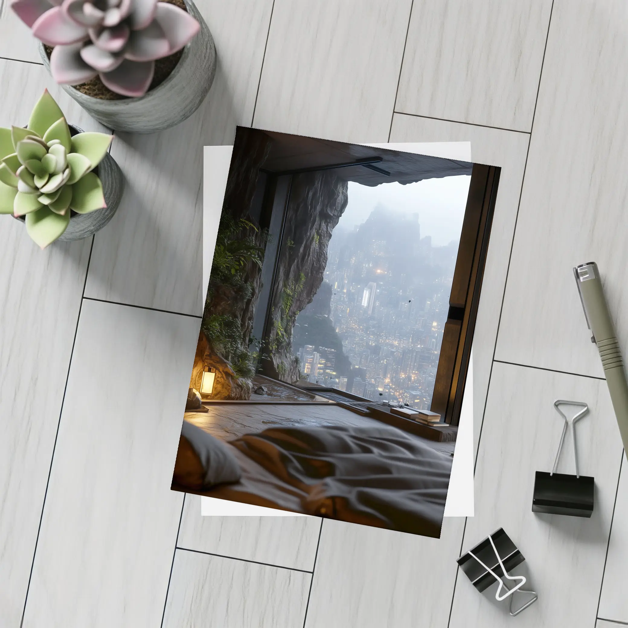 Cave Bedroom Overlooking Misty Futuristic City – Postcards