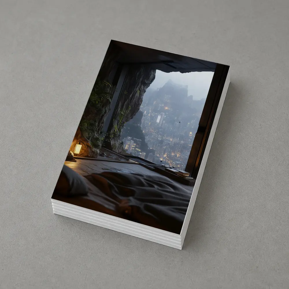 Cave Bedroom Overlooking Misty Futuristic City – Postcards