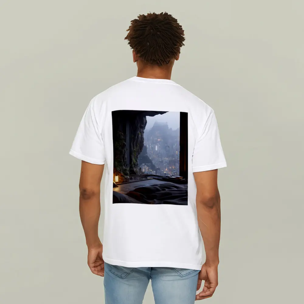 Cave Bedroom Overlooking Misty Futuristic City – T-Shirts