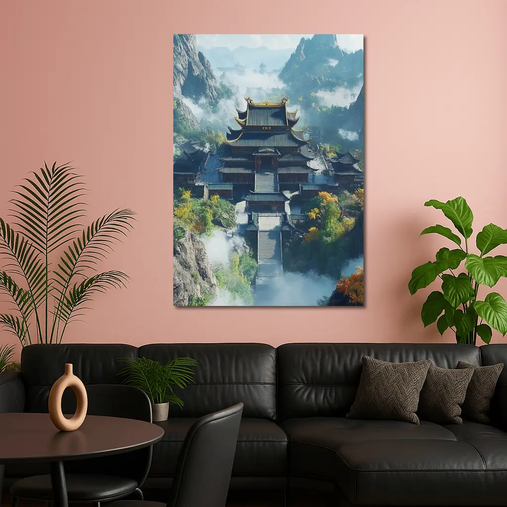 Ancient Chinese Temple Misty Mountain Landscape – Wall Art