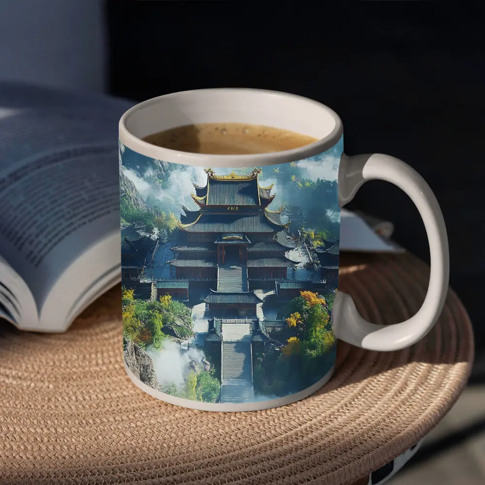 Ancient Chinese Temple Misty Mountain Landscape – Mugs