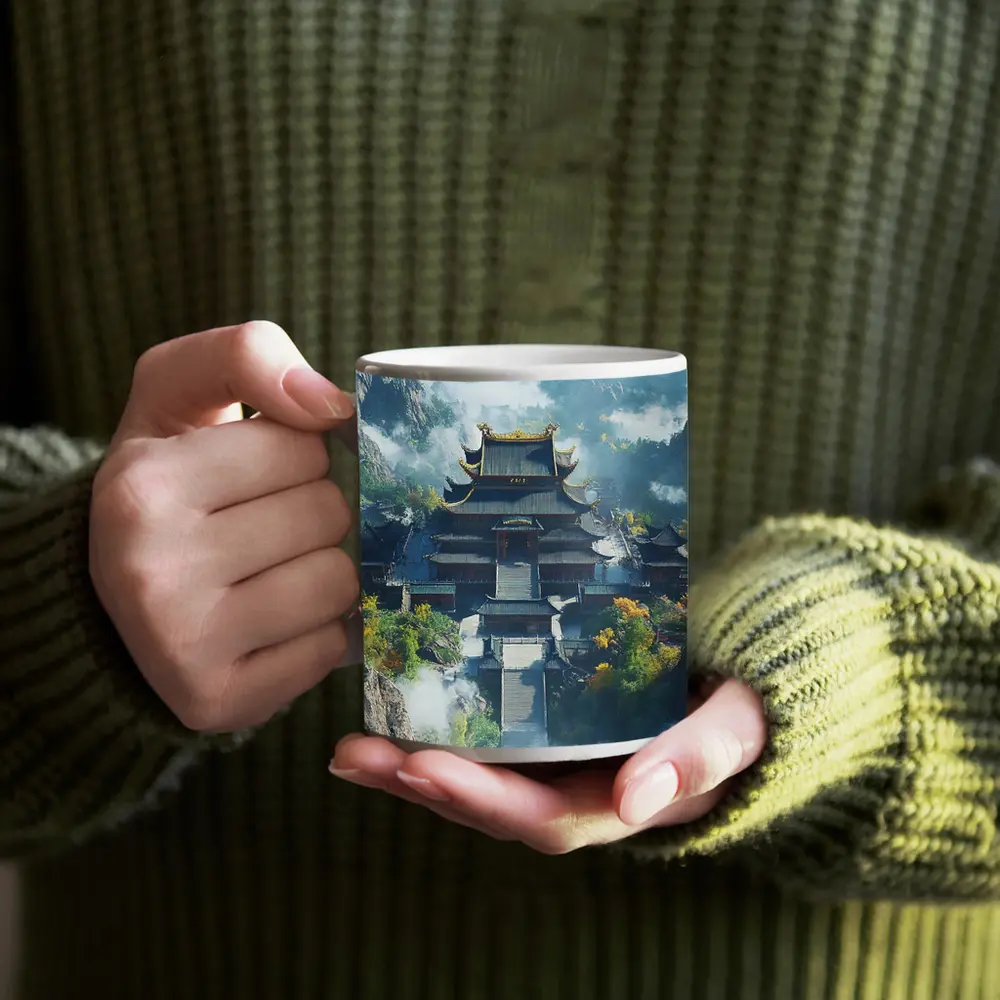 Ancient Chinese Temple Misty Mountain Landscape – Mugs