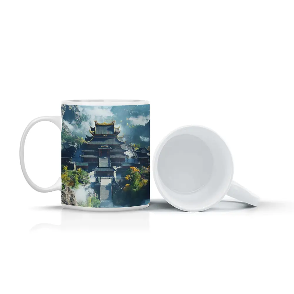Ancient Chinese Temple Misty Mountain Landscape – Mugs
