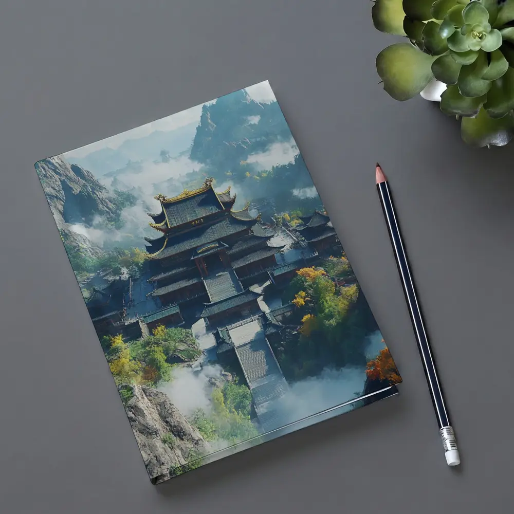 Ancient Chinese Temple Misty Mountain Landscape – Notebooks