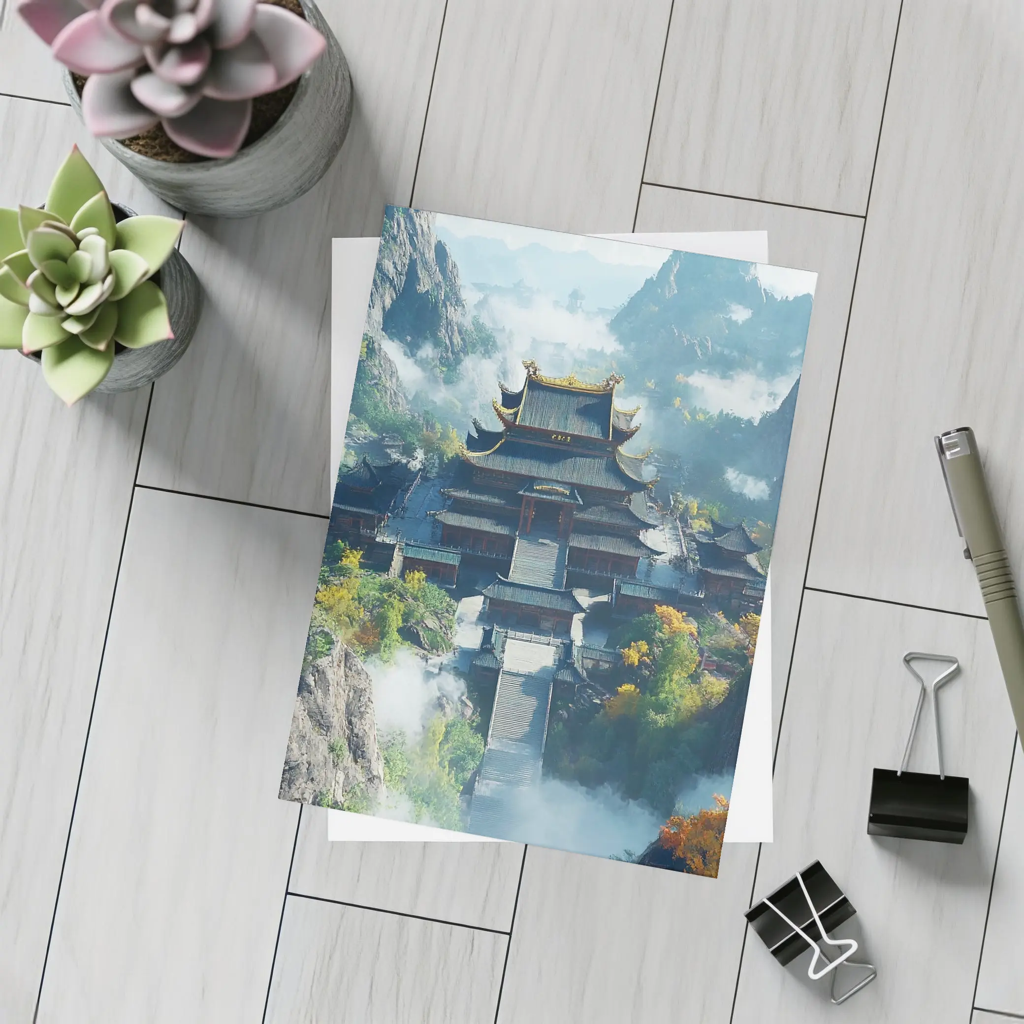 Ancient Chinese Temple Misty Mountain Landscape – Postcards
