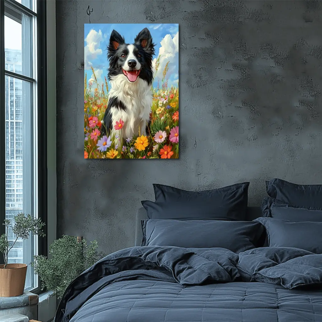 Border Collie Dog Sitting In Wildflower Field – Wall Art