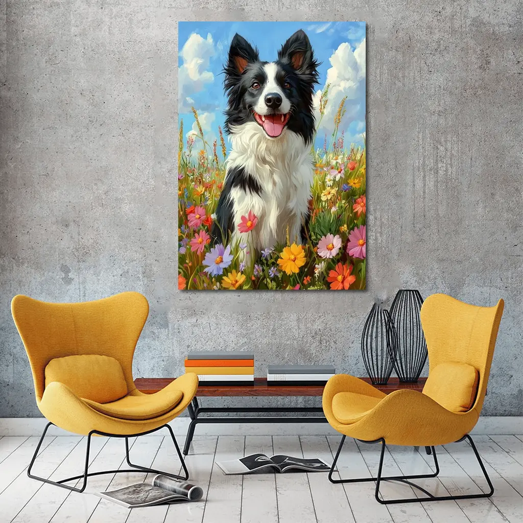 Border Collie Dog Sitting In Wildflower Field – Wall Art