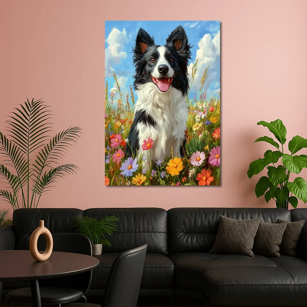 Border Collie Dog Sitting In Wildflower Field – Wall Art