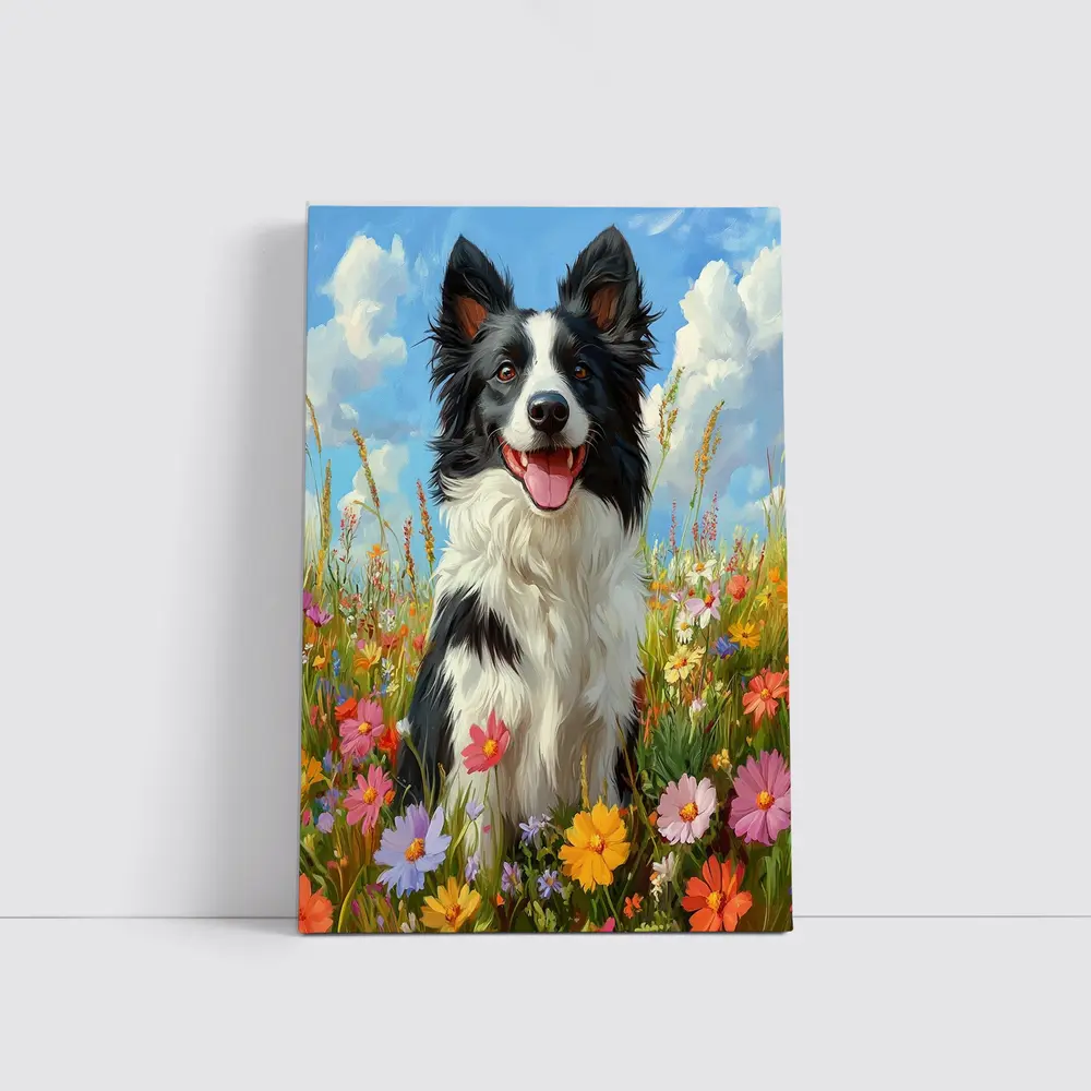 Border Collie Dog Sitting In Wildflower Field – Wall Art
