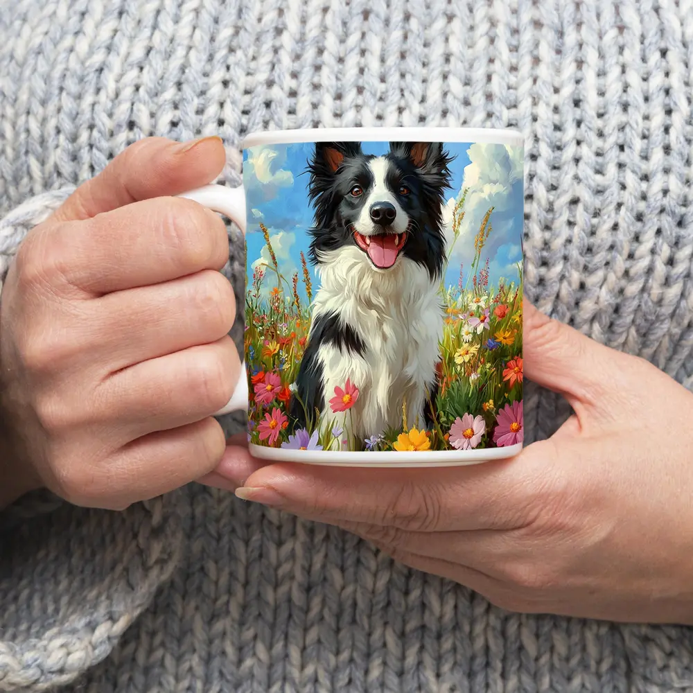 Border Collie Dog Sitting In Wildflower Field – Mugs