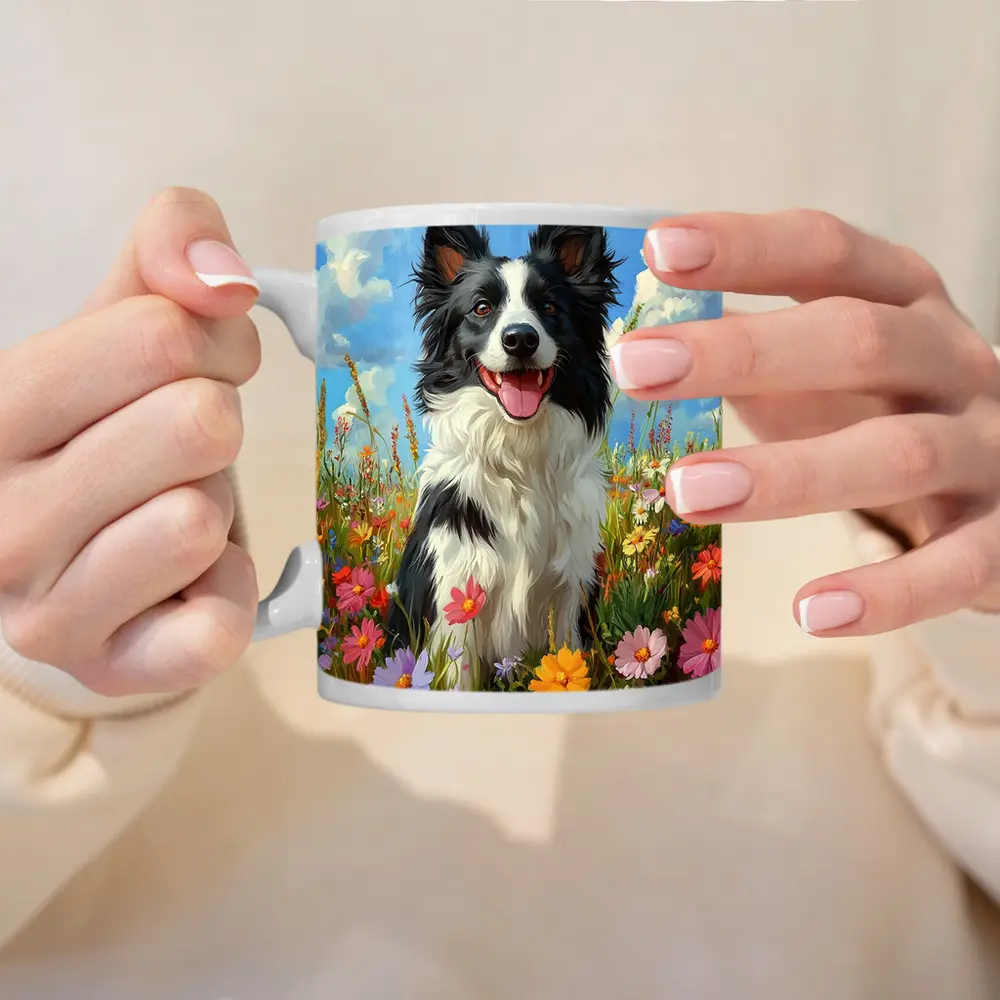 Border Collie Dog Sitting In Wildflower Field – Mugs