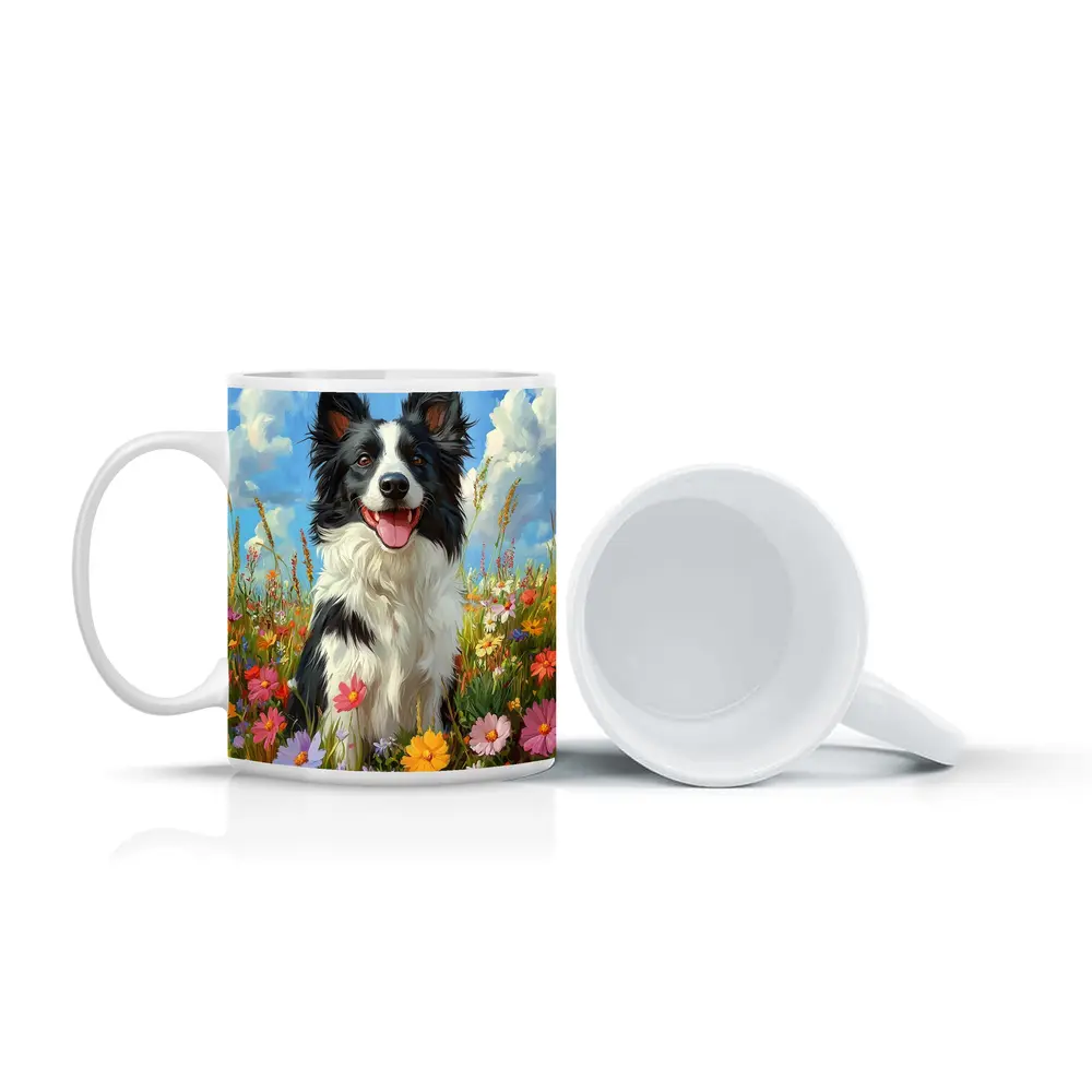 Border Collie Dog Sitting In Wildflower Field – Mugs