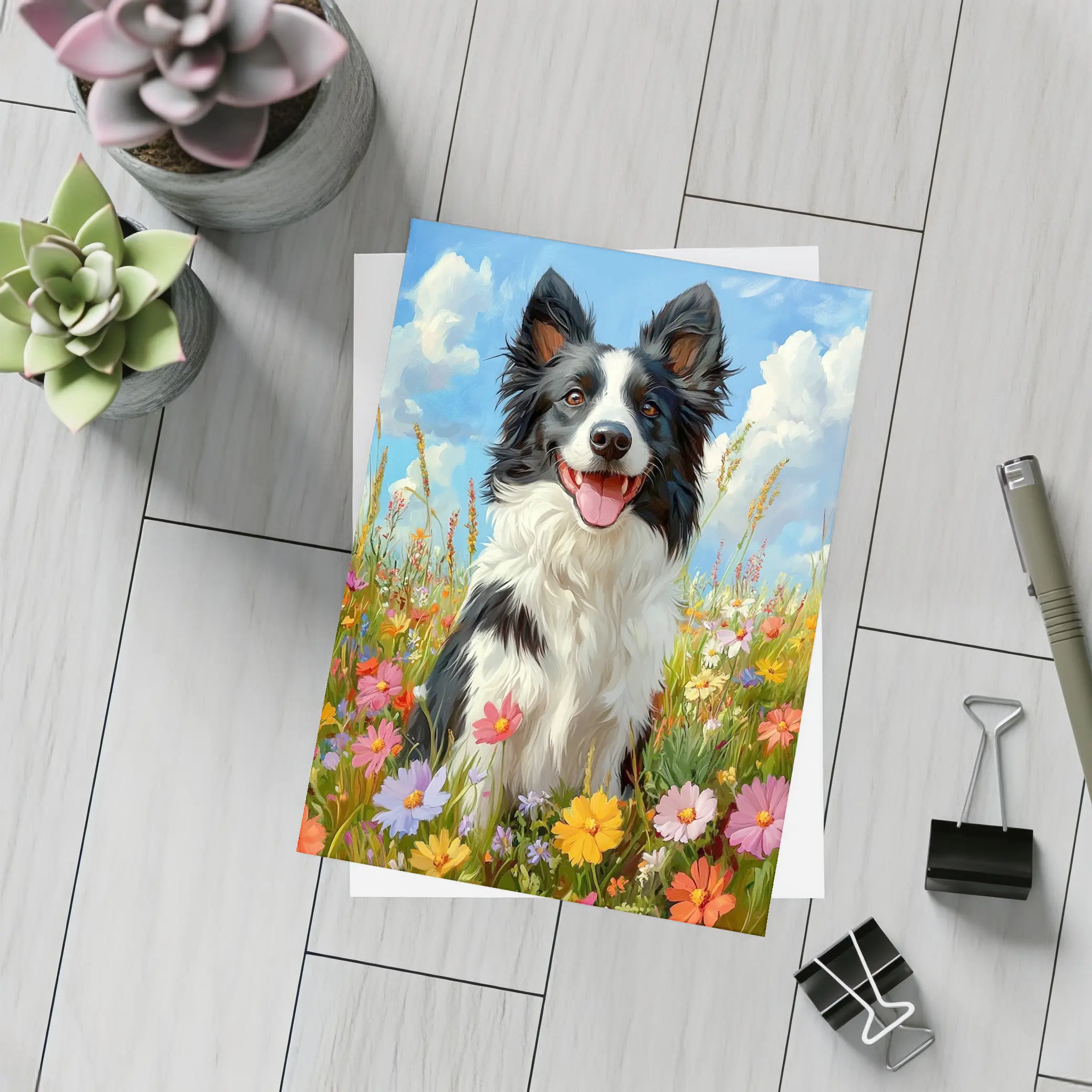 Border Collie Dog Sitting In Wildflower Field – Postcards
