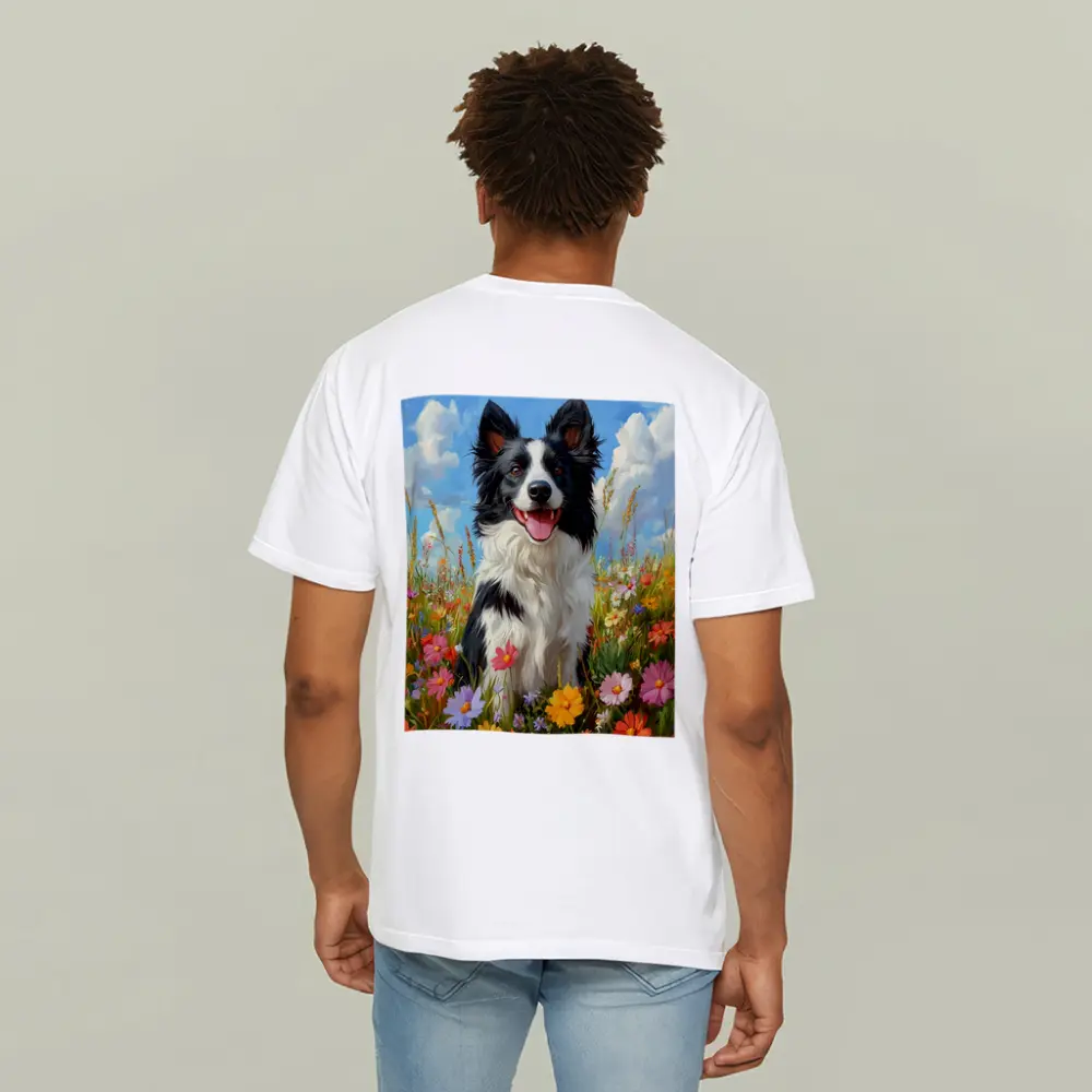 Border Collie Dog Sitting In Wildflower Field – T-Shirts