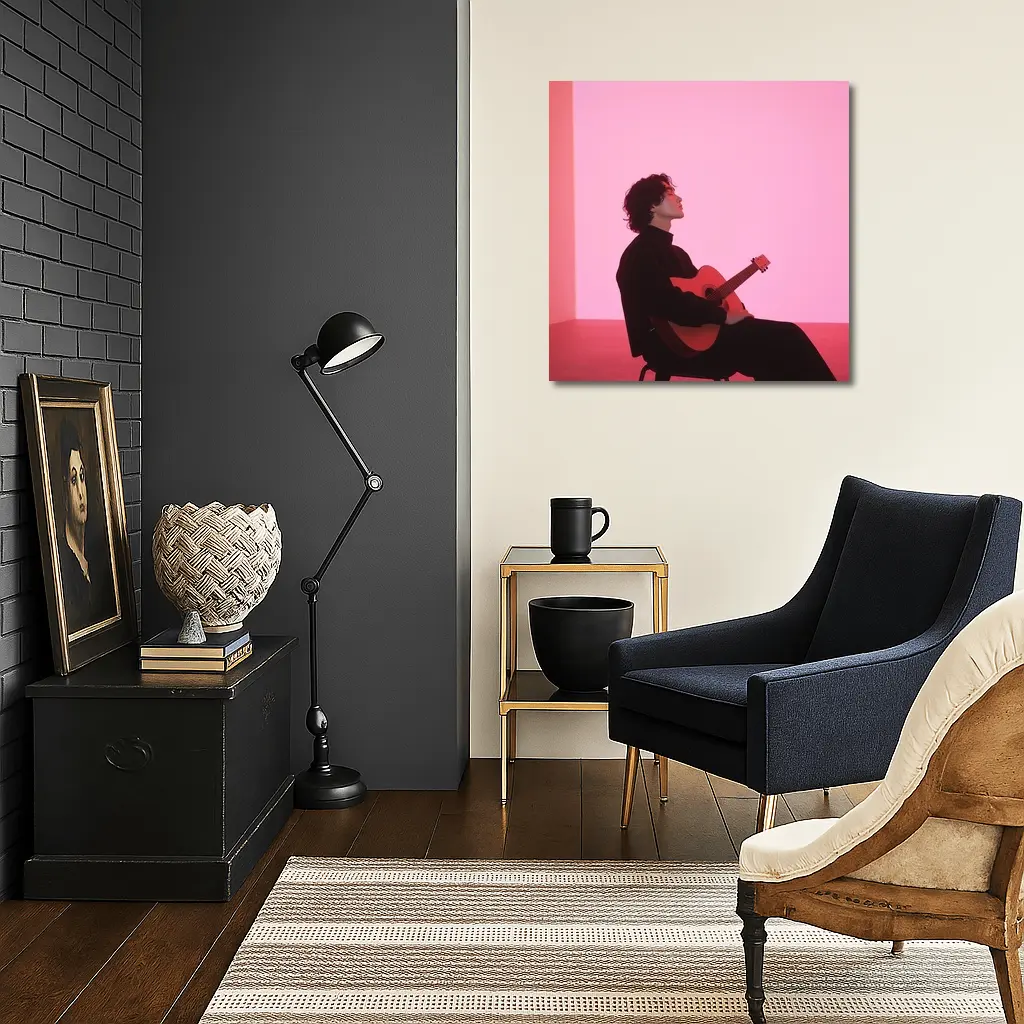 Young Man Guitar Pink Neon Background – Wall Art