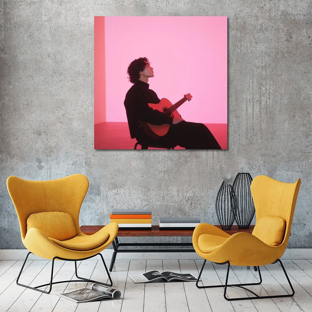 Young Man Guitar Pink Neon Background – Wall Art