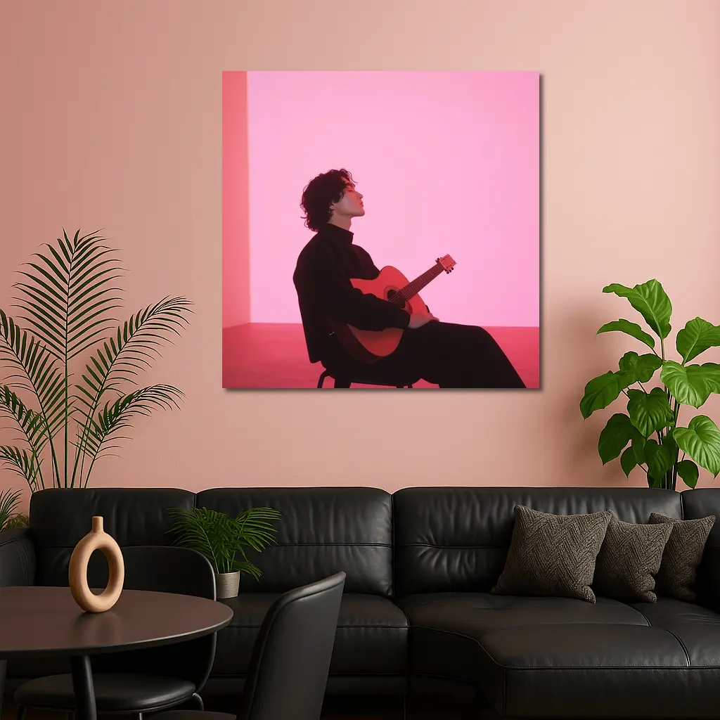 Young Man Guitar Pink Neon Background – Wall Art