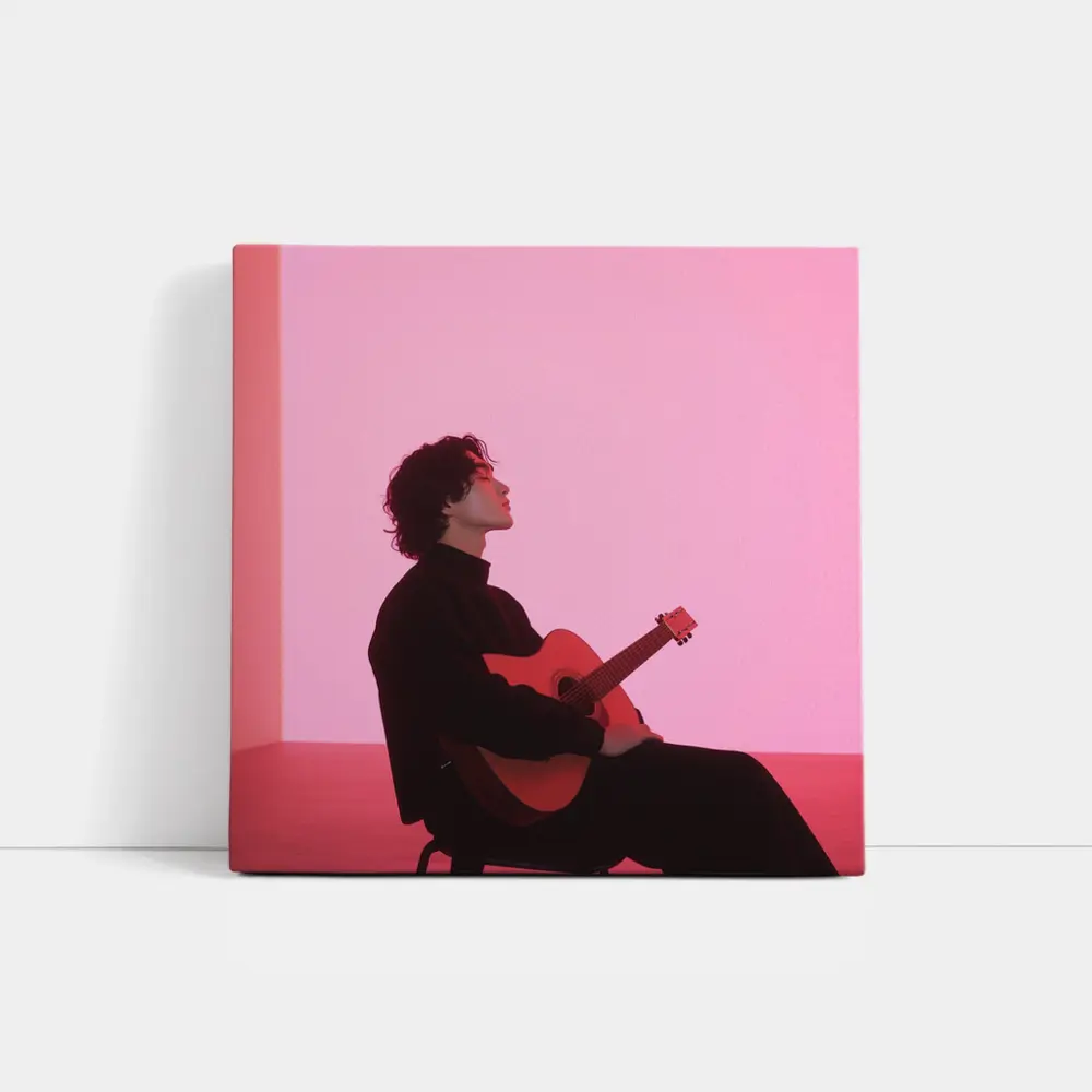 Young Man Guitar Pink Neon Background – Wall Art